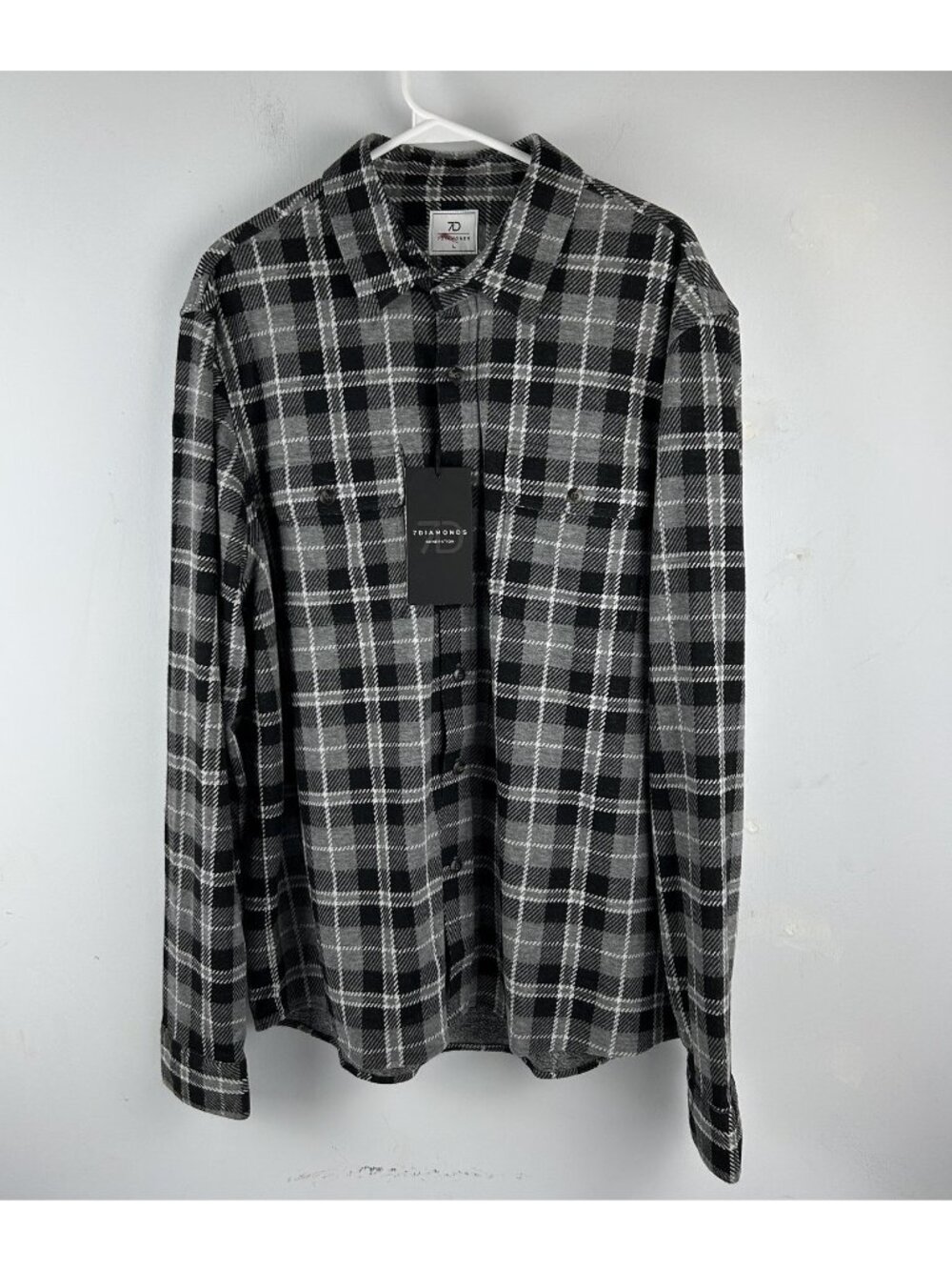 NEW 7 Diamonds Mens Large Generation 4-Way Stretch Flannel Shirt Gray Plaid